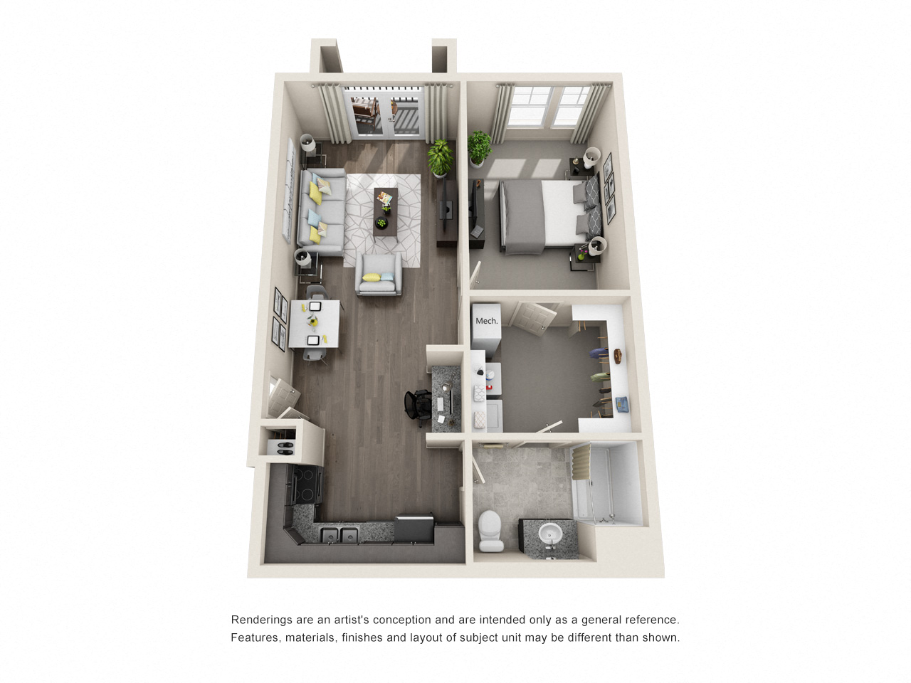 Floor plan for 1 bed, 1 bath, 732 sqft